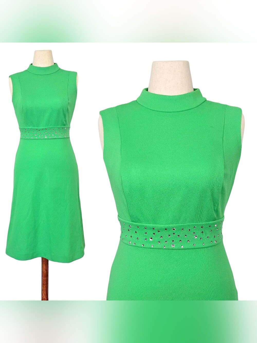 1960s Vintage Dress 60s Mod Gogo Lime Green Rhinestone Retro A Line Small Medium